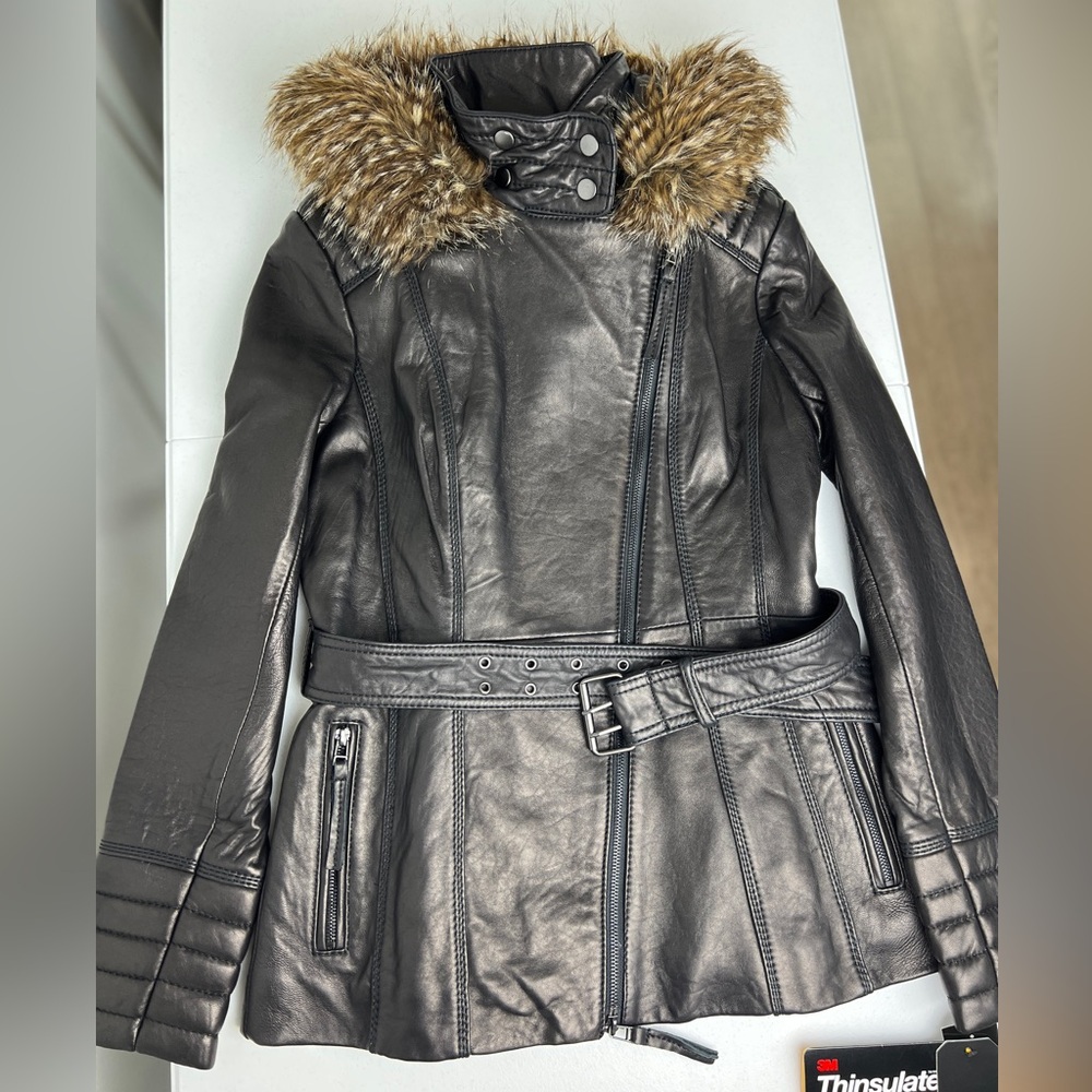 [NWT] WILSONS LEATHER Black/Brown leather coat with hoodie